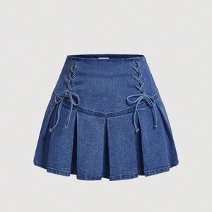 SHEIN Blue Skater Mini Skirt with Pleated Tie Front